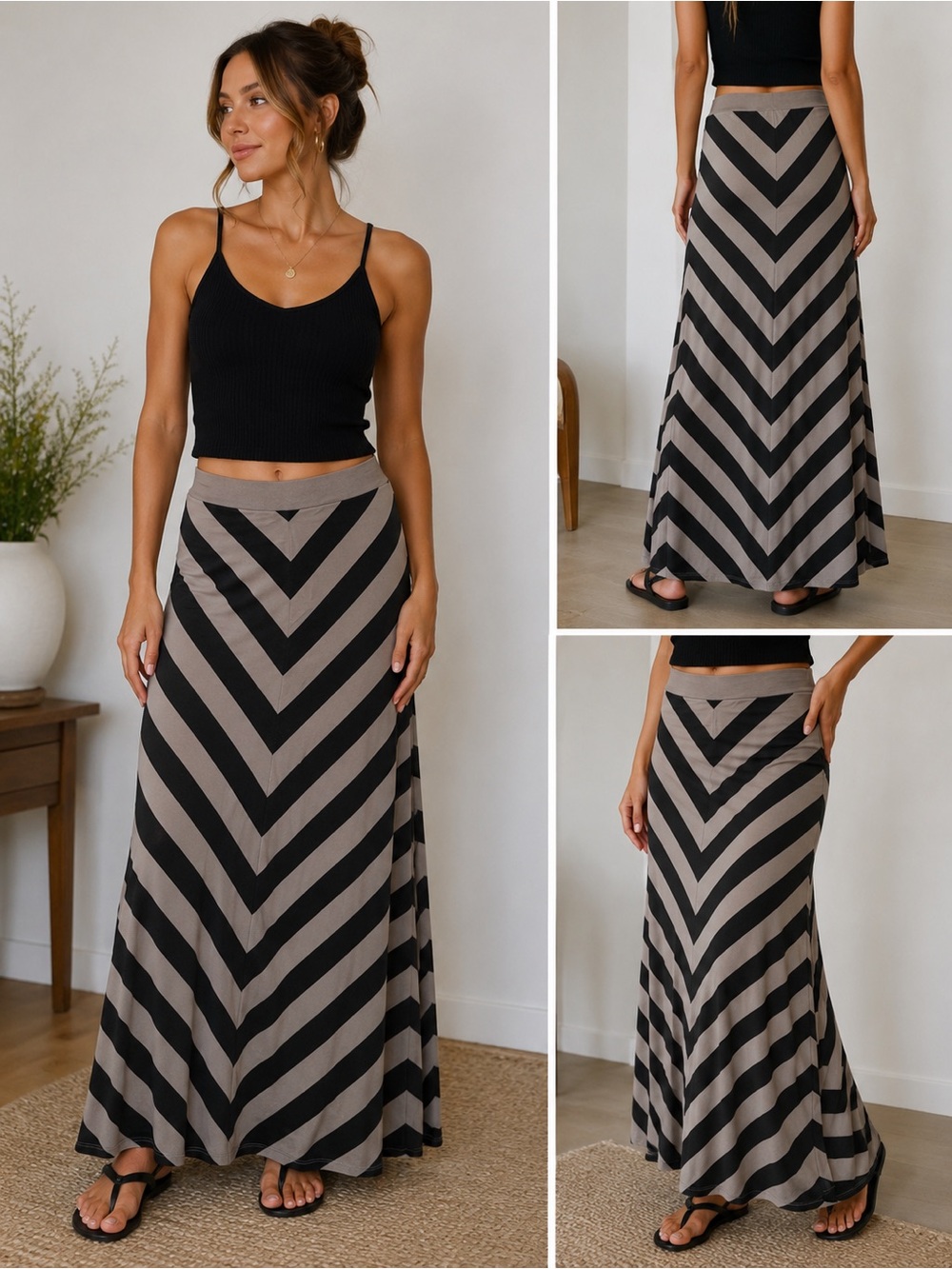 New York & Company Black & Grey Chevron Stripe Maxi Skirt